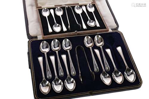 A SET OF SILVER SPOONS AND TONGS AND A PART SET