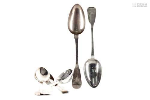 A PAIR OF SILVER SERVING SPOONS AND THREE OTHERS