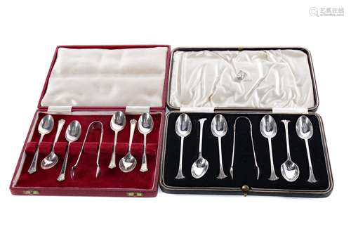 A LOT OF TWO CASED SETS OF SILVER SPOONS AND TONGS