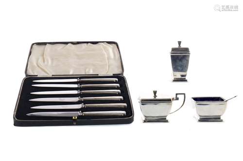 AN ART DECO SILVER CRUET SET AND SIX SILVER KINVES IN FITTED CASE