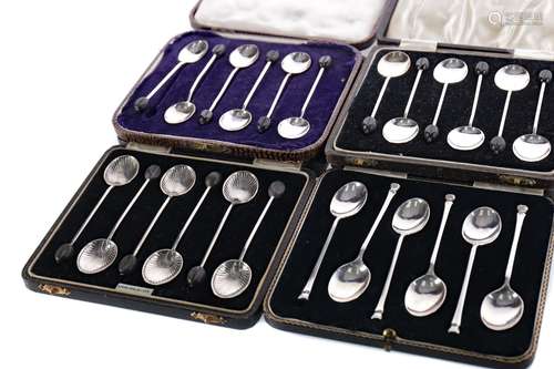 A LOT OF FOUR CASED SETS OF SILVER COFFEE SPOONS