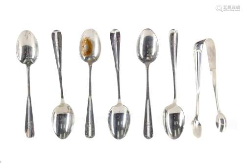TEN RAT-TAIL COFFEE SPOONS AND TONGS