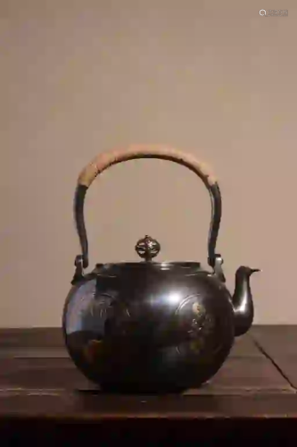 Japanese Gilt Silver Teapot, Hand Chased