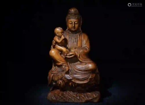 Chinese Huangyang Wood Carved Guanyin w Boy