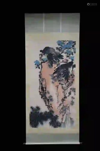 Two Eagles, Chinese Ink Color Scroll Painting