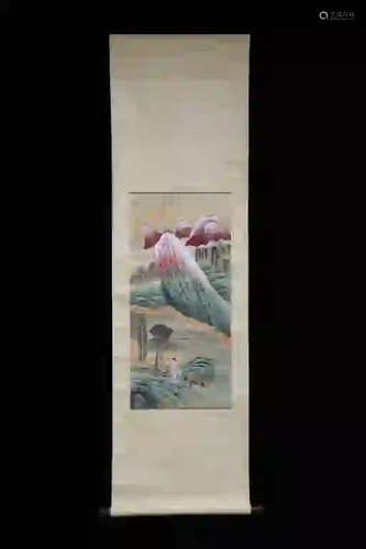 Chinese Ink Color Scroll Painting w Calligraphy