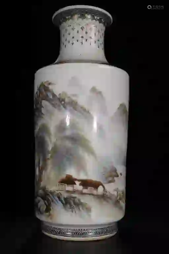 Chinese Famille Rose Porcelain Vase w Landscape Sc