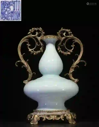 Chinese Glazed Porcelain Gourd Vase w Bronze Mount