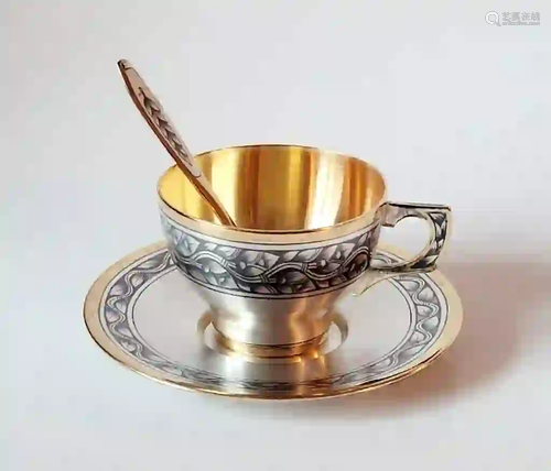 Russian Soviet Silver Niello Cup Saucer Spoon