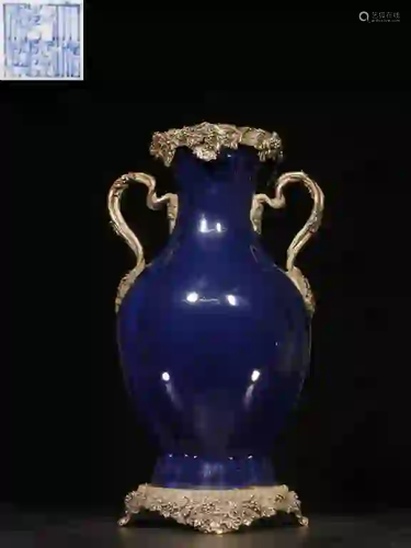 Chinese Blue Glazed Porcelain Vase w Bronze Mount