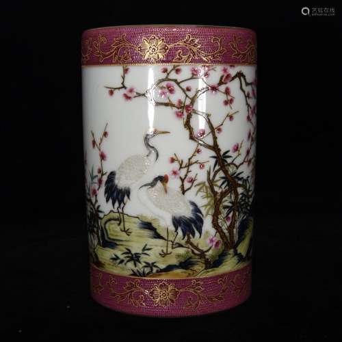 A Porcelain Enameled Floral&Bird Brush Pot