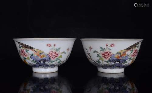 Pair Of Porcelain Enameled Floral&Bird Bowls