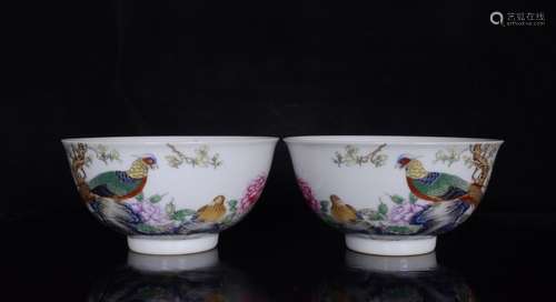 Pair Of Porcelain Enameled Floral&Bird Bowls