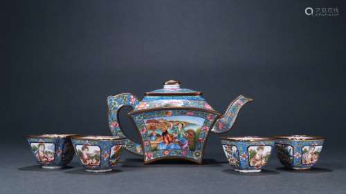 Set Of Enameled Figure-Story Teapot&Cups