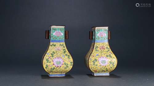 Pair Of Enameled Lotus&Floral Pierced-Ear Vases