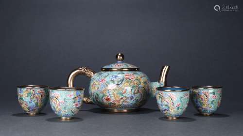 Set Of Enameled Floral Teapot&Cups