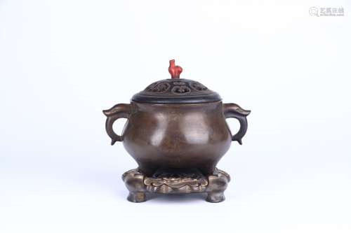 A Bronze Censer With Red Coral Button
