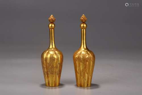 Pair Of Gilt Bronze Dragon&Phoenix Carving Vases