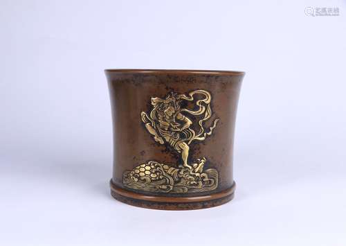 A Bronze Brush Pot With Partly Gilding