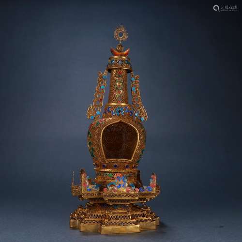 A Gilt Silver Enameling Blue Floral Pattern Pagoda