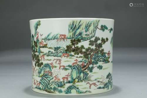 A Porcelain Famille Rose Landscape Brush Pot With Mark