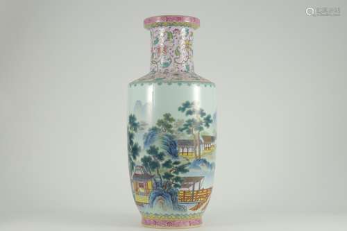 A Porcelain Famille Rose Landscape Vase With Mark