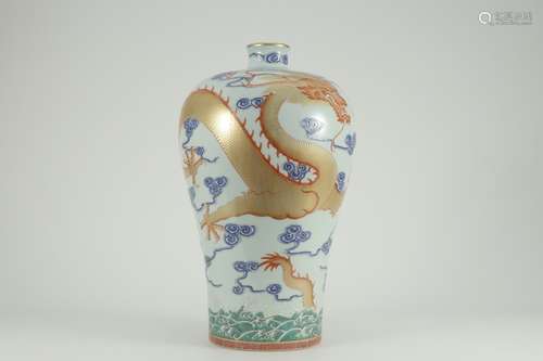 A Porcelain Famille Rose Dragon Pattern Meiping Vase With Mark