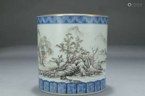 A Porcelain Blue&White Ink-Color Landscape Brush Pot With Mark