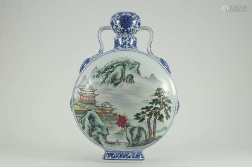 A Porcelain Blue&White Famille Rose Landscape Oblate Vase With Mark