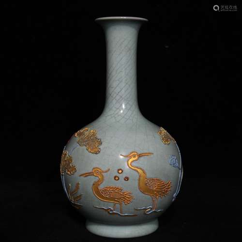 A Porcelain Ru Kiln Vase With Gold Floral&Bird Painting