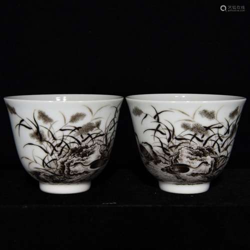 Pair Of Porcelain Enameled Cups With Mark