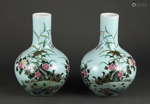 Pair Of Porcelain Wucai Poetry&Floral&Bird Vases