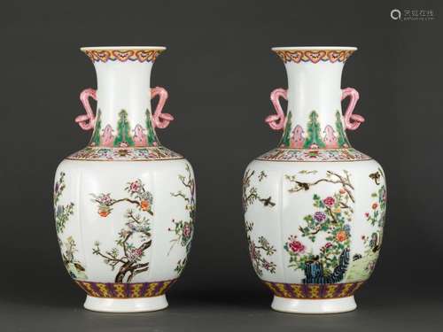 Pair Of Porcelain Famille Rose Floral&Bird Vases