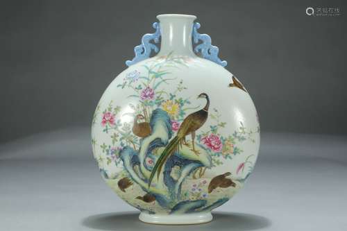 A Porcelain Famille Rose Floral&Bird Moon Flask Vase With Mark