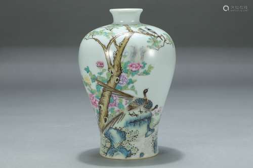 A Porcelain Famille Rose Floral&Bird Meiping Vase With Mark