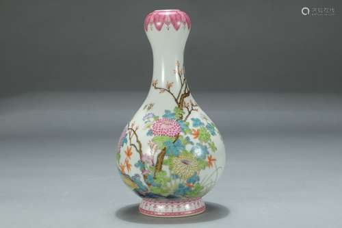 A Porcelain Famille Rose Floral Garlic Vase With Mark