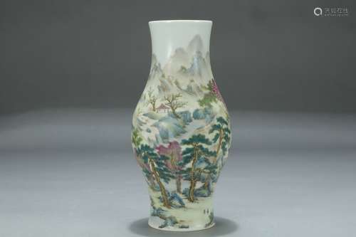 A Porcelain Famille Rose Landscape Vase With Mark