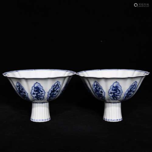 Pair Of Porcelain Blue&White Dragon Pattern Bowls