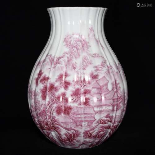 A Porcelain Enameled Red Glazed Landscape Zun Vase