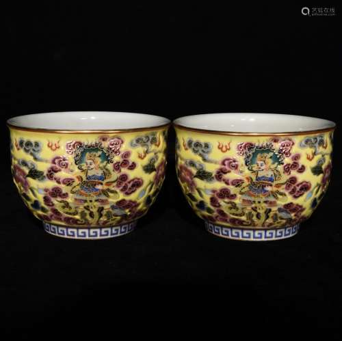 Pair Of Porcelain Enameled Story Cups