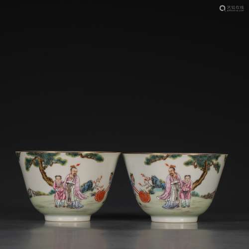 Pair Of Porcelain Famille Rose Figure-Story Cups With Mark