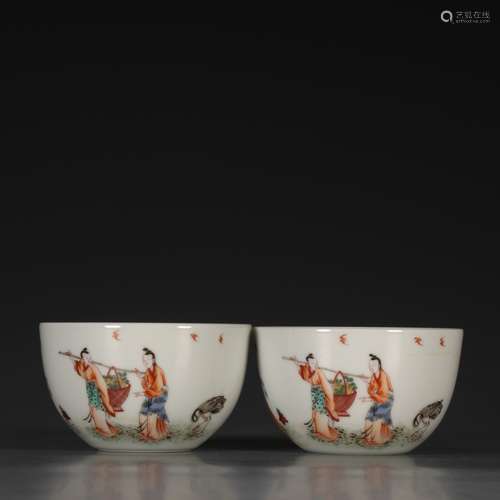 Pair Of Porcelain Famille Rose Figure-Story Cups With Mark