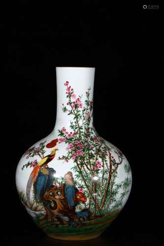 A Porcelain Enameled Floral&Bird Bottle Vase With Mark