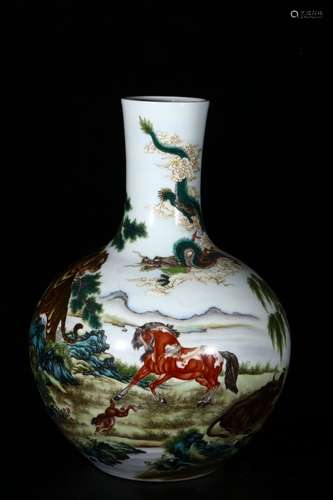 A Porcelain Famille Rose 12 Symbolic Animals Bottle Vase With Mark