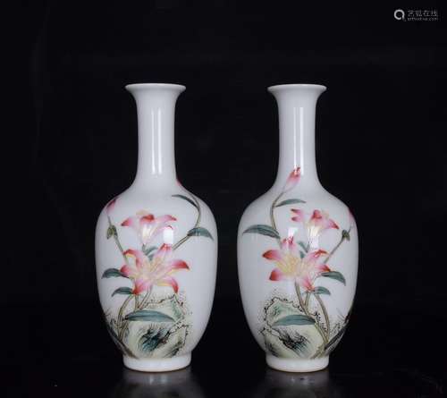 Pair Of Porcelain Famille Rose Floral&Bird Vases