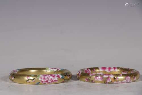 Pair Of Porcelain Gold Glazed Famille Rose Peony Bangles