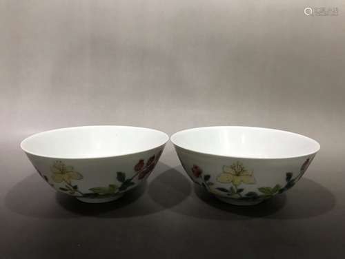 Pair Of Porcelain Famille Rose Floral&Bird Bowls