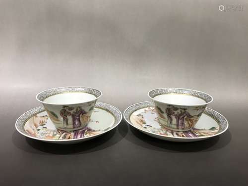 Pair Of Porcelain Famille Rose Figure-Story Cups&Trays