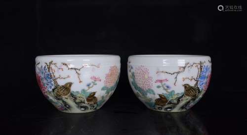 Pair Of Porcelain Famille Rose Floral&Bird Cups