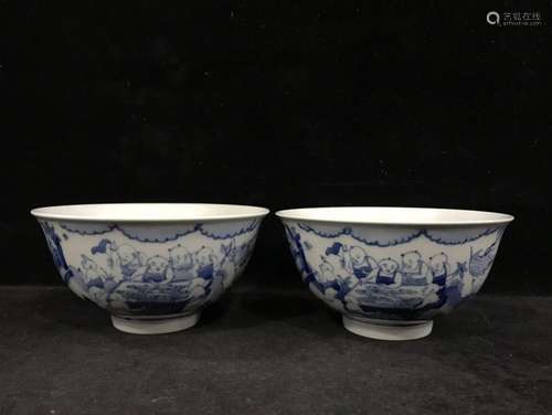 Pair Of Porcelain Blue&White Figure-Story Bowls